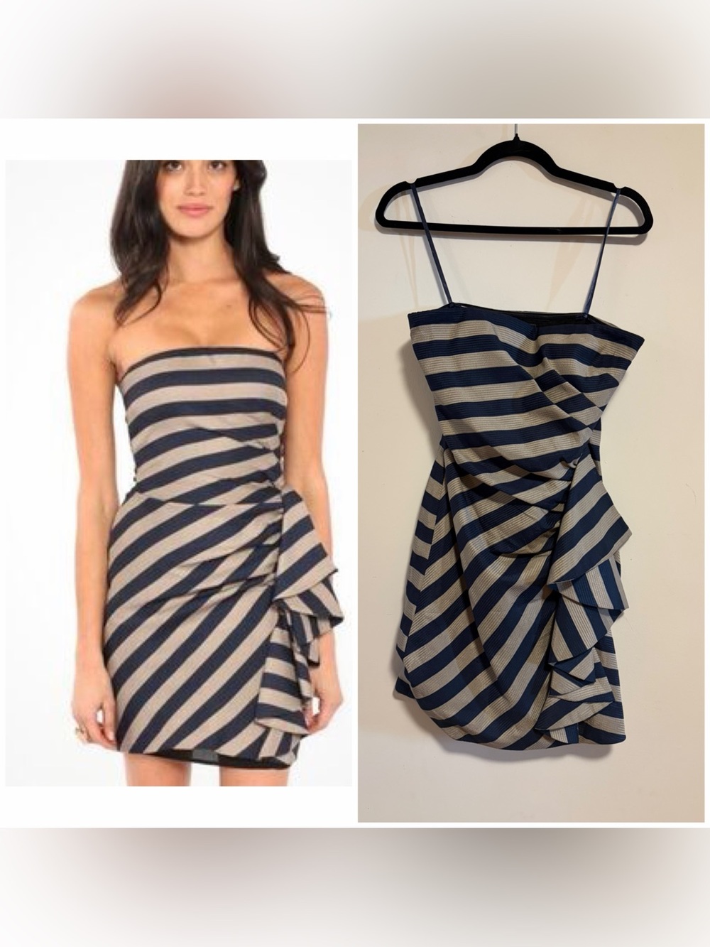 BCBGMAXAZRIA Reya Navy Striped Strapless Ruffle Cocktail Dress Size 2
